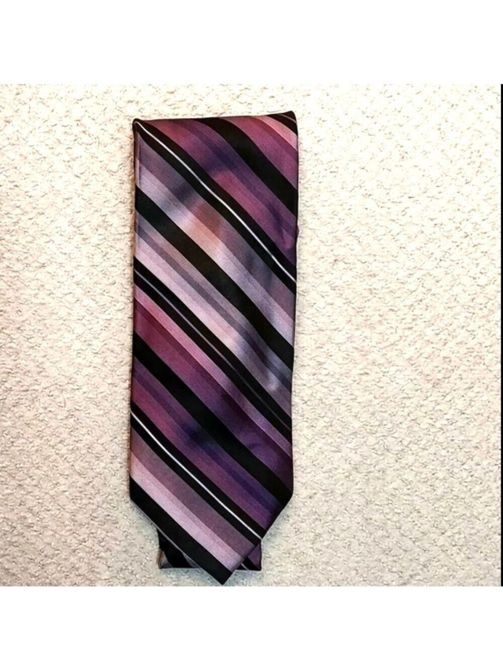 Perry Ellis Silk Tie Diagonal Stripes Metallic Black Lilac Pastel Deep Purple